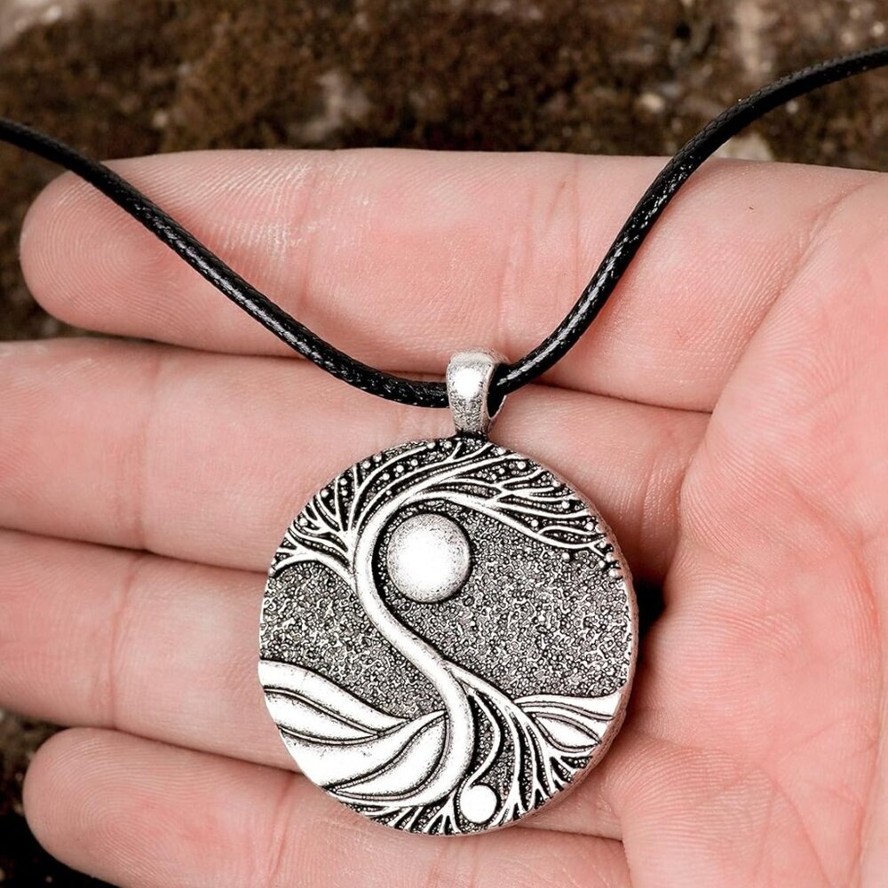 Tree of Life Necklace, Vintage Antique Tree of Life Moon Pendant, Faux Leather C - Picture 4 of 6